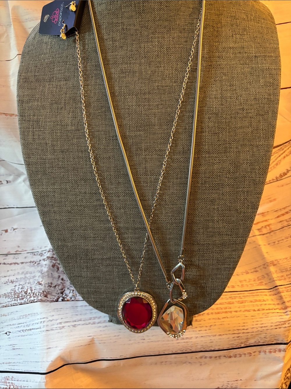 paparazzi Silver-Tone Layered Necklace with Red and Clear Gem Pendants